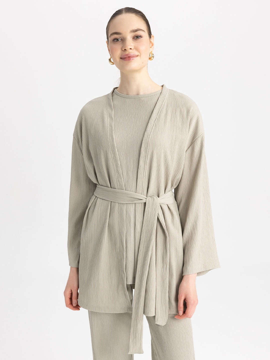 

DeFacto Front-Open Sweaters With Belt, Khaki
