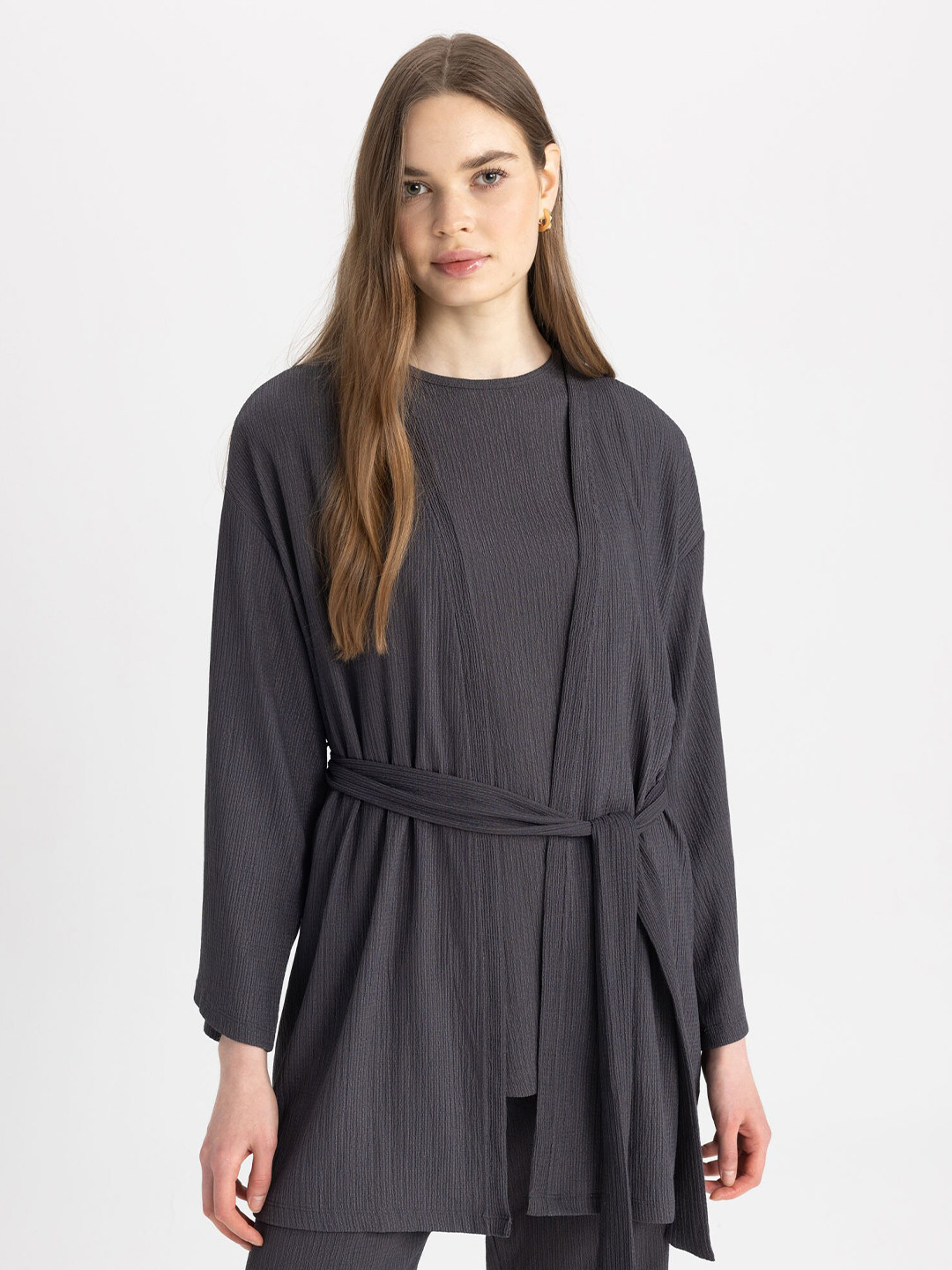 

DeFacto Tie-Up Open Front Shrug, Grey