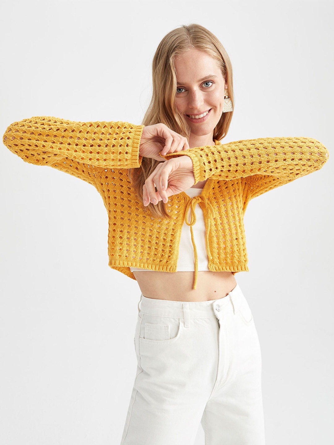 

DeFacto Women Crop Front Open Sweater, Yellow