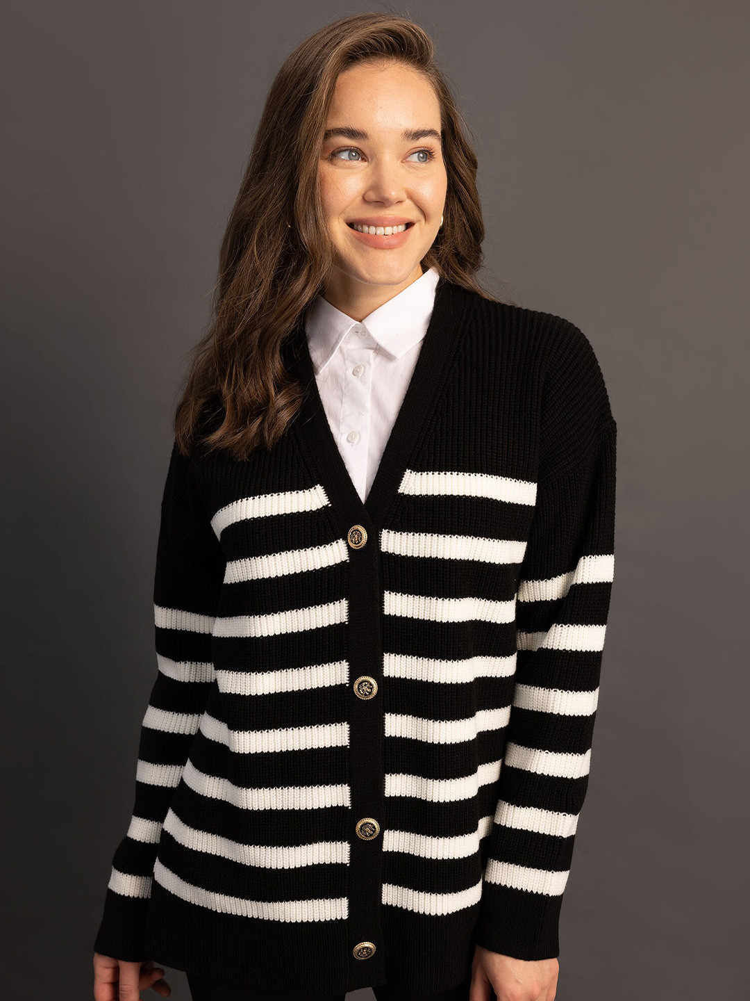 

DeFacto Women Striped Cardigan Sweater, Black