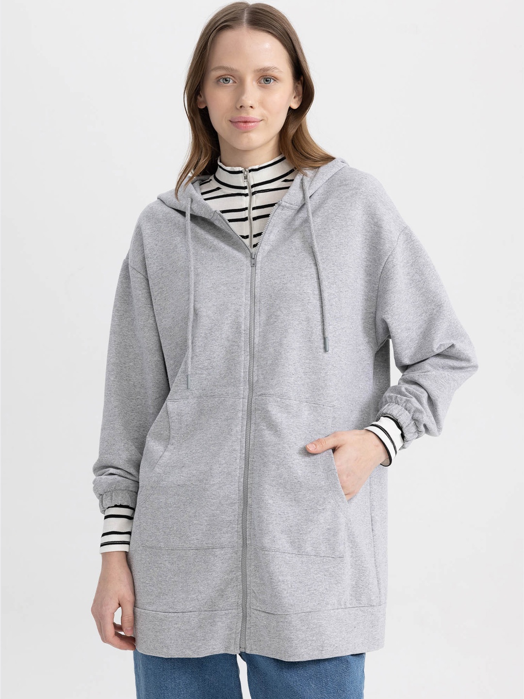 

DeFacto Longline Hooded Pullover Sweatshirt, Grey