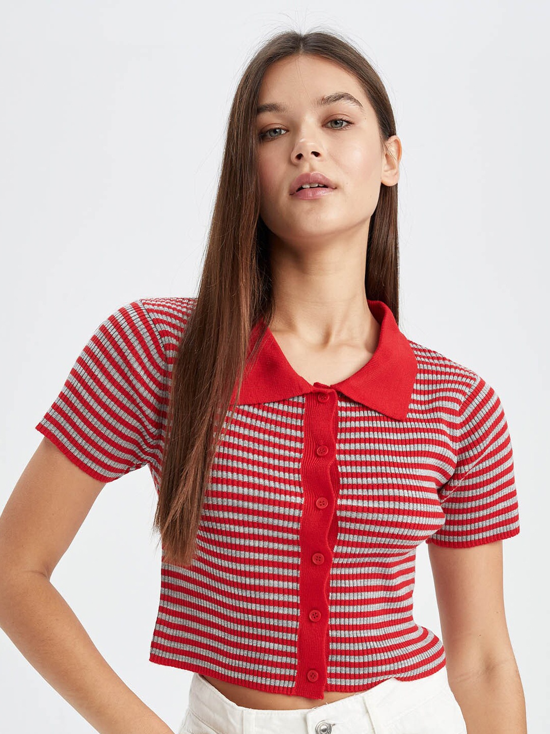 

DeFacto Striped Crop Cardigan, Red
