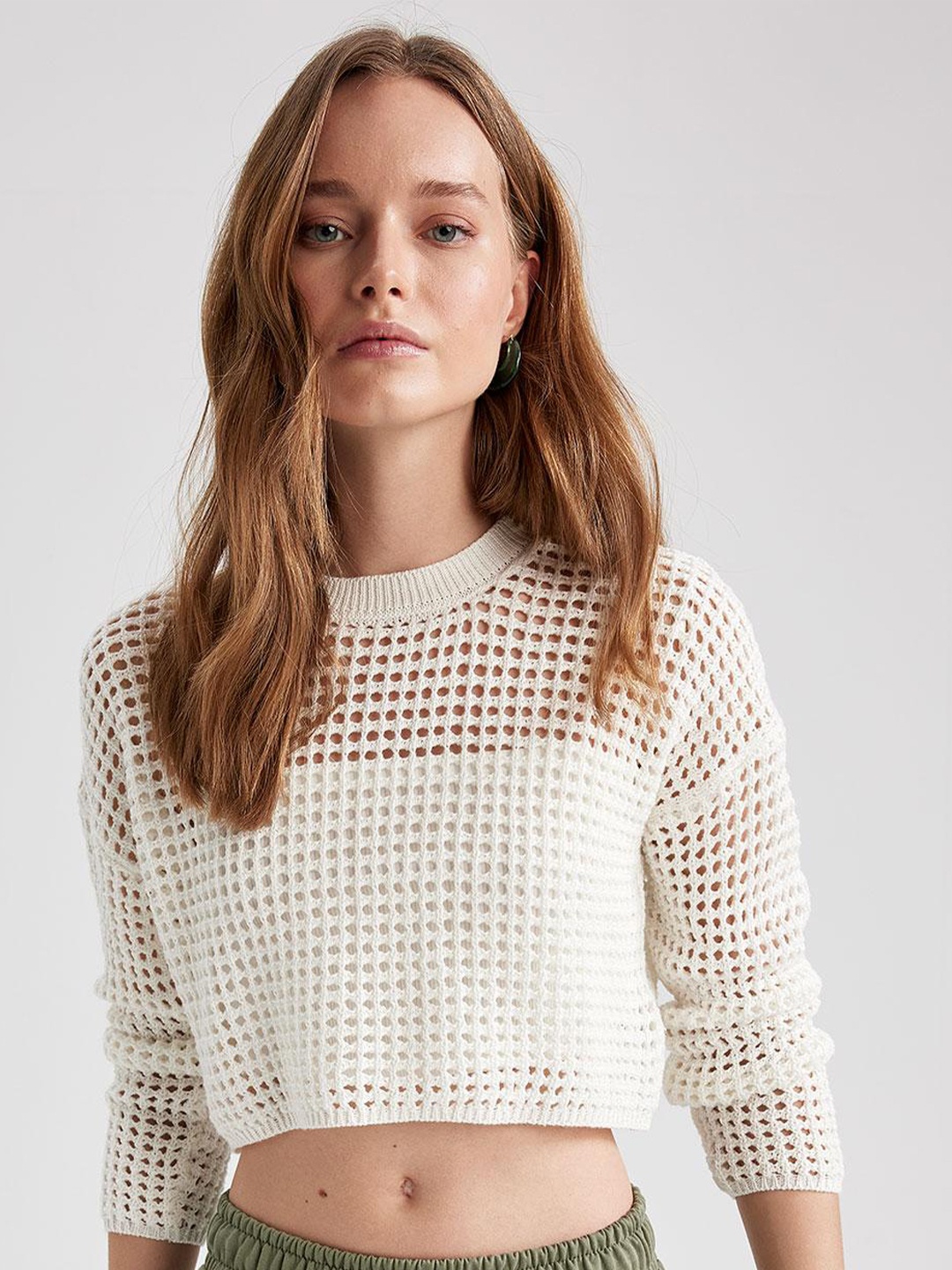 

DeFacto Self Design Semi Sheer Crop Top, White