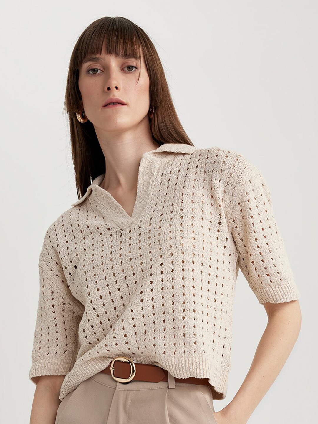 

DeFacto Open Knit Crop Pullover, Beige