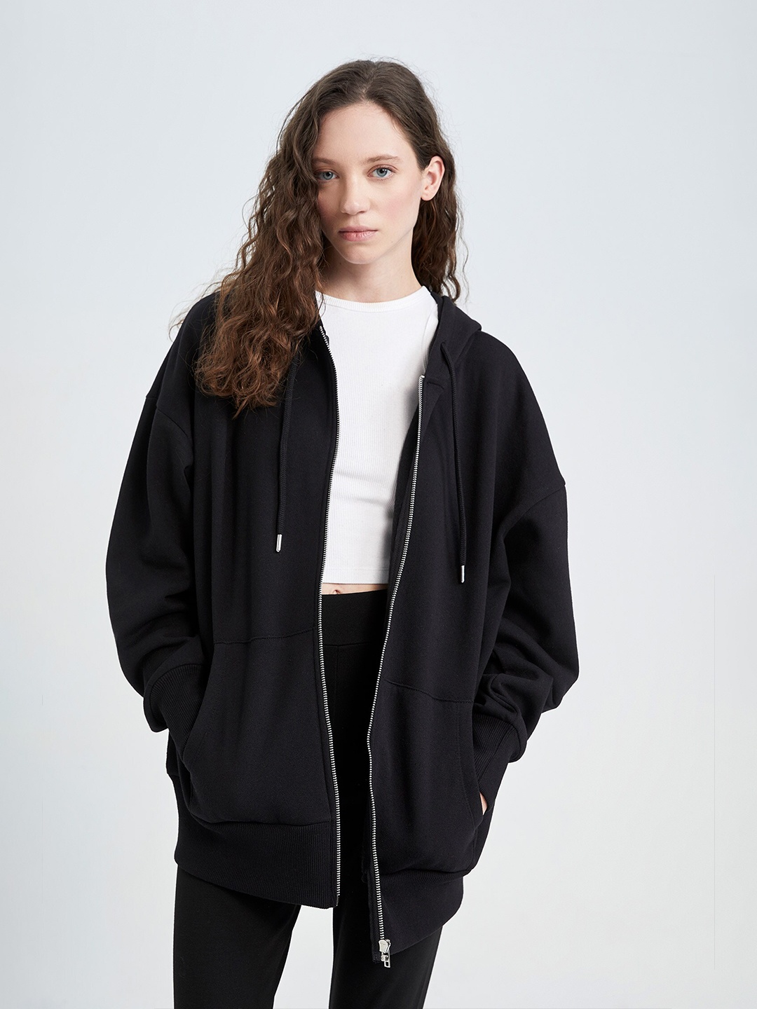 

DeFacto Longline Hooded Front-Open Sweatshirts, Black