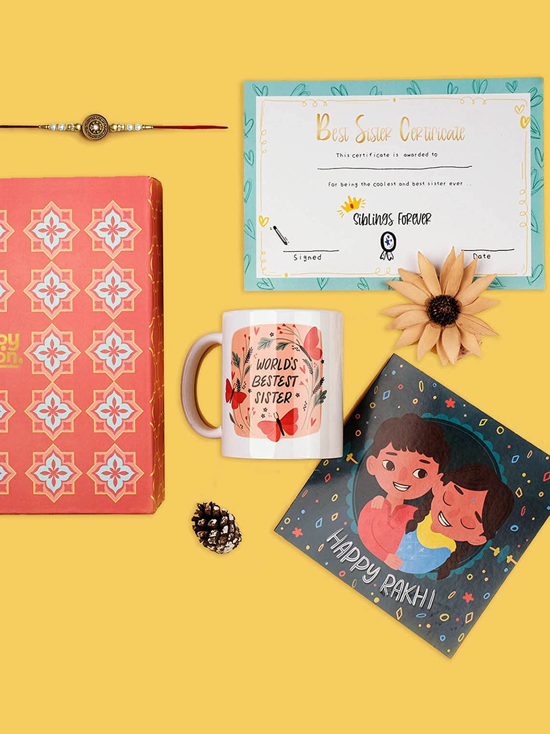

happywagon Women Set Of 4 Rakhi With Mug Best Sister Certificate & Greeting Card Gift Set, Gold