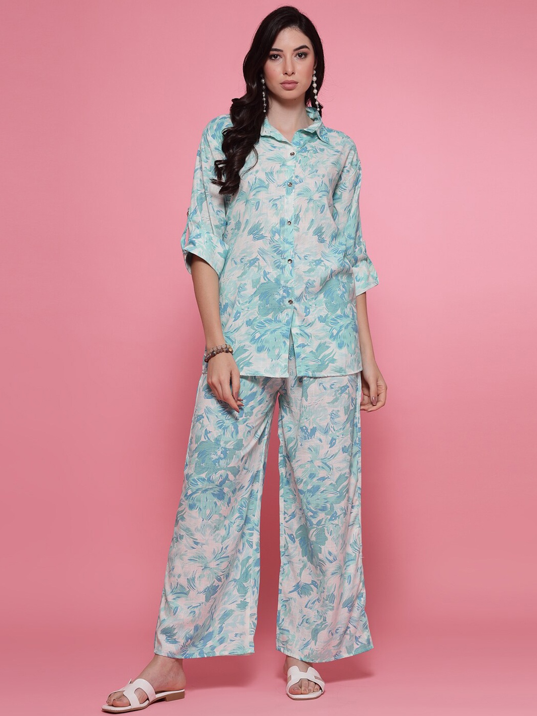 

Clora Creation Floral Printed Shirt & Palazzo Co-Ords Set, Off white