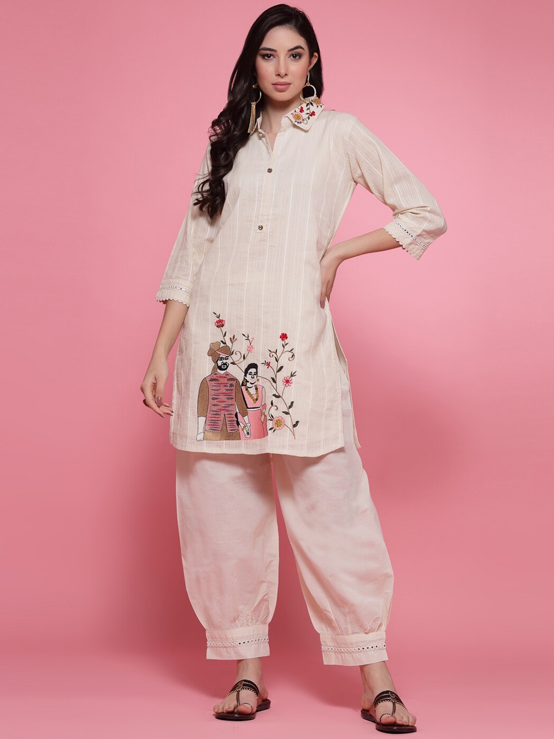 

Clora Creation Floral Embroidered Pure Cotton Pathani Kurta With Trouser, Off white