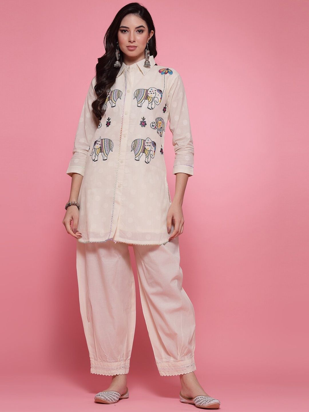 

Clora Creation Ethnic Motif Embroidered Pure Cotton Tunic With Afghani Trouser, Off white