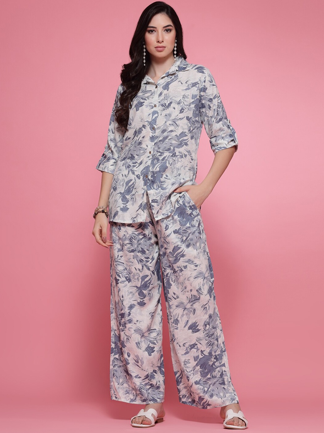 

Clora Creation Floral Printed Shirt & Palazzo Co-Ords Set, Off white