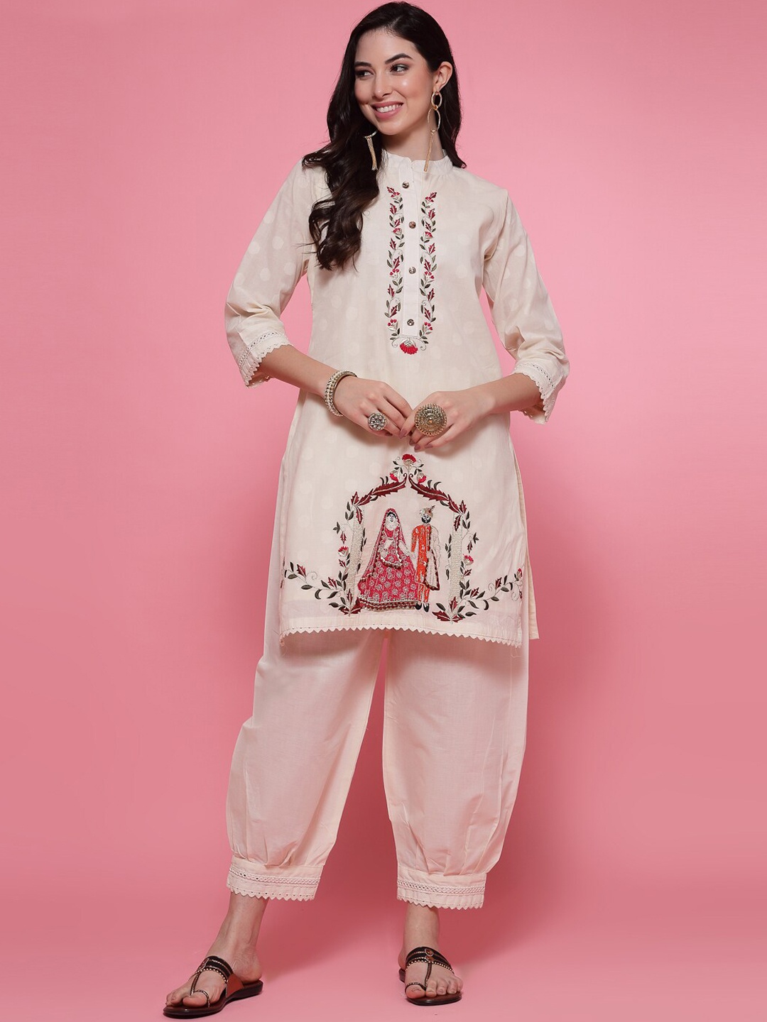 

Clora Creation Ethnic Motif Embroidered Pure Cotton Tunic With Afghani Trouser, Off white