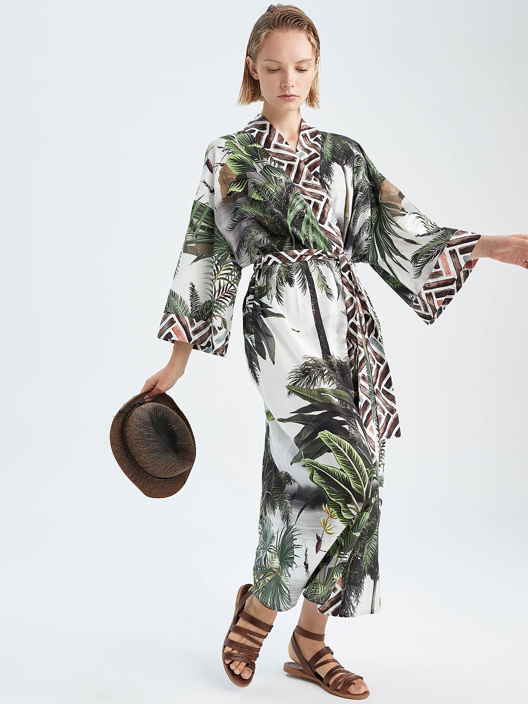 

DeFacto Tropical Printed Swim Cover Up Top, Green
