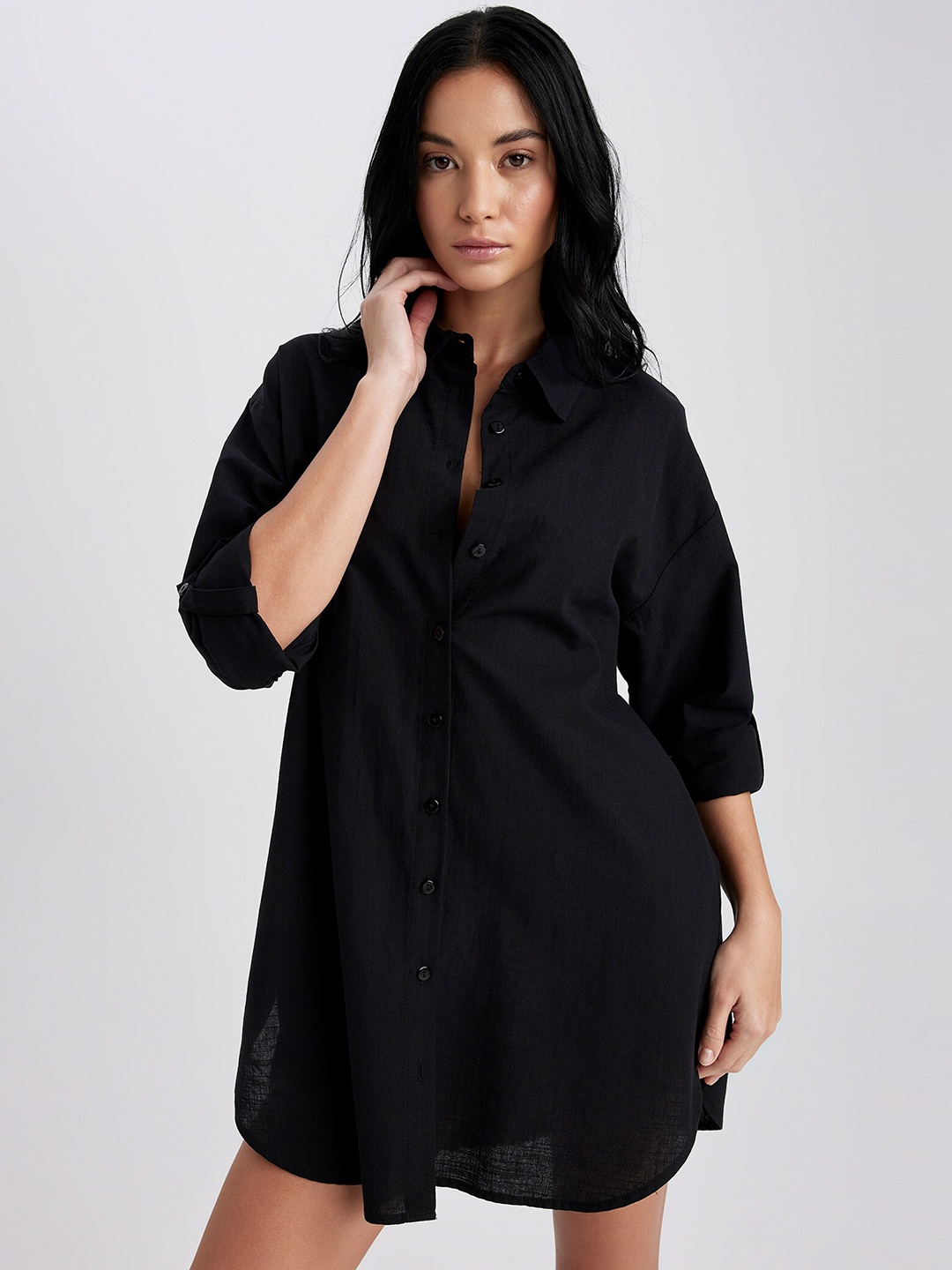 

DeFacto Shirt Collar Cover Up Cotton Dress, Black