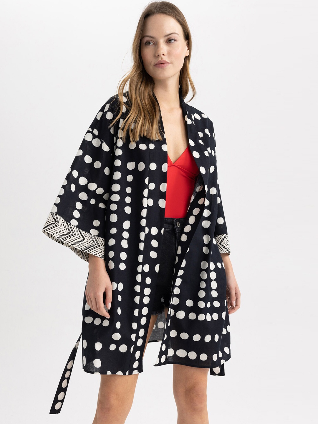 

DeFacto Polka Dots Printed Wrap Pure Cotton Mini Swimwear Cover Up Dress, Black