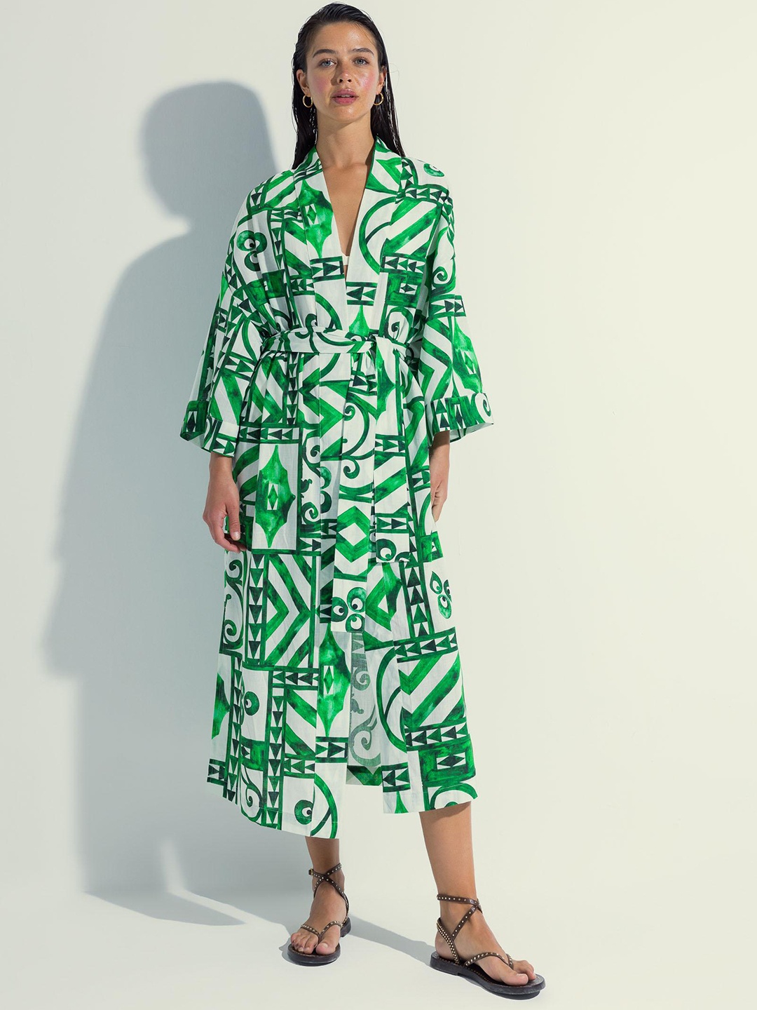 

DeFacto Abstract Printed Wrap Pure Cotton Midi Swimwear Cover Up Dress, White