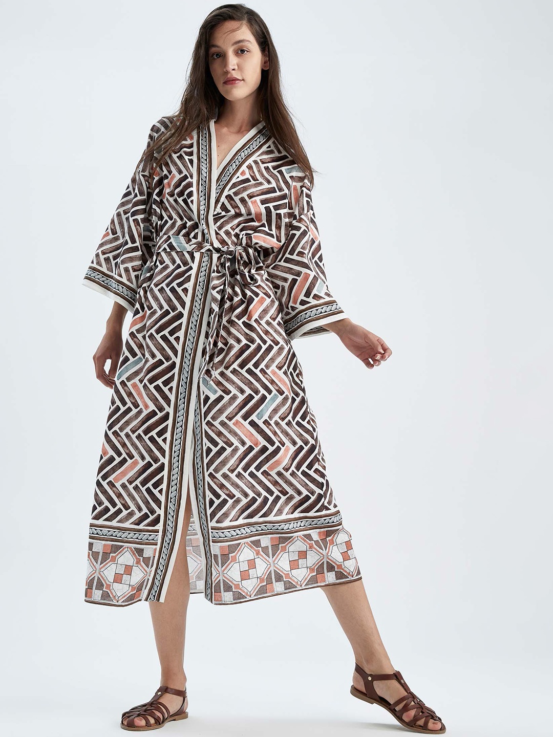 

DeFacto Geometric Printed Midi Length Pure Cotton Swim Cover Up Top, Brown