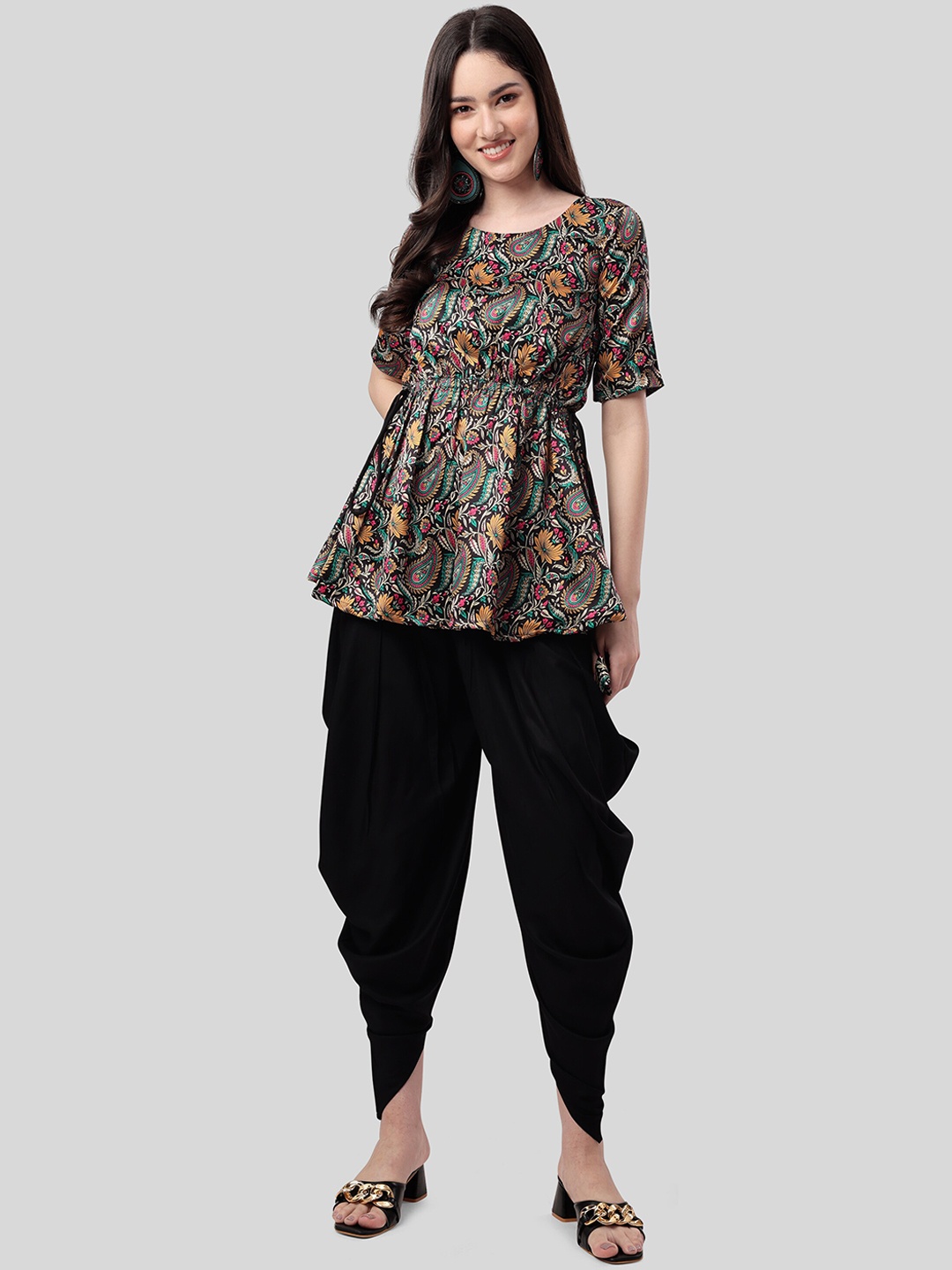 

KALINI Paisley Printed Pleated A-Line Kurti With Dhoti Pants, Black