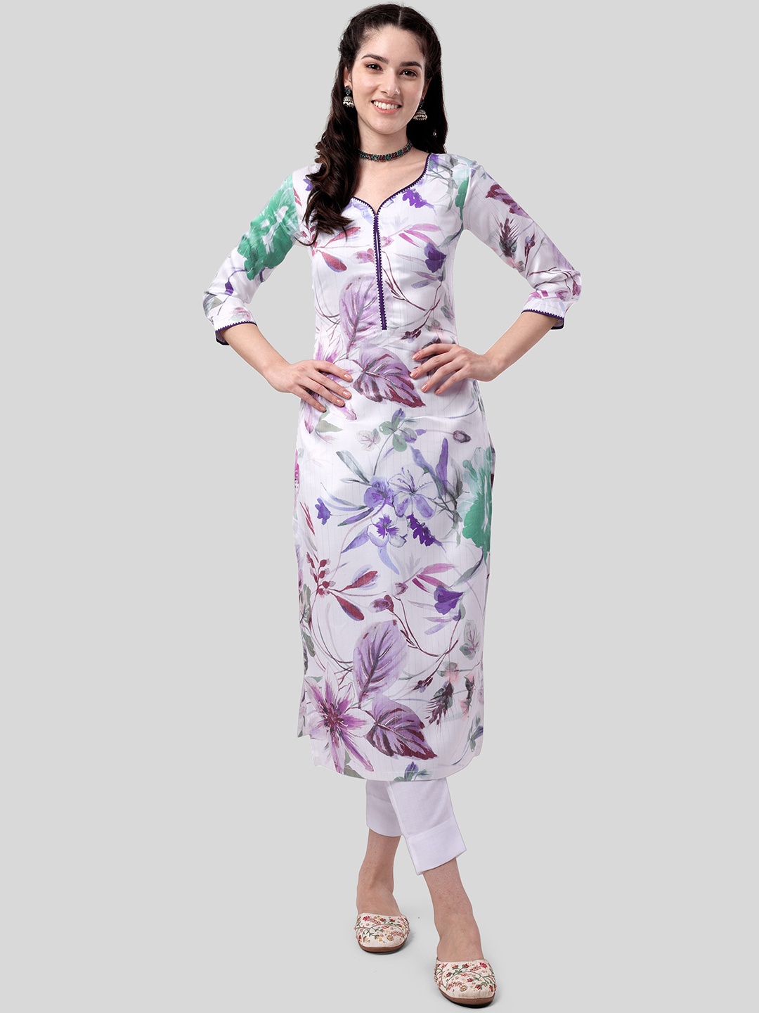 

KALINI Floral Printed Regular Gotta Patti Kurta With Trousers, White
