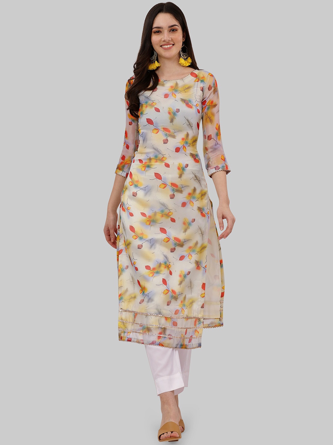 

KALINI Floral Printed Regular Kurta With Trousers, Cream