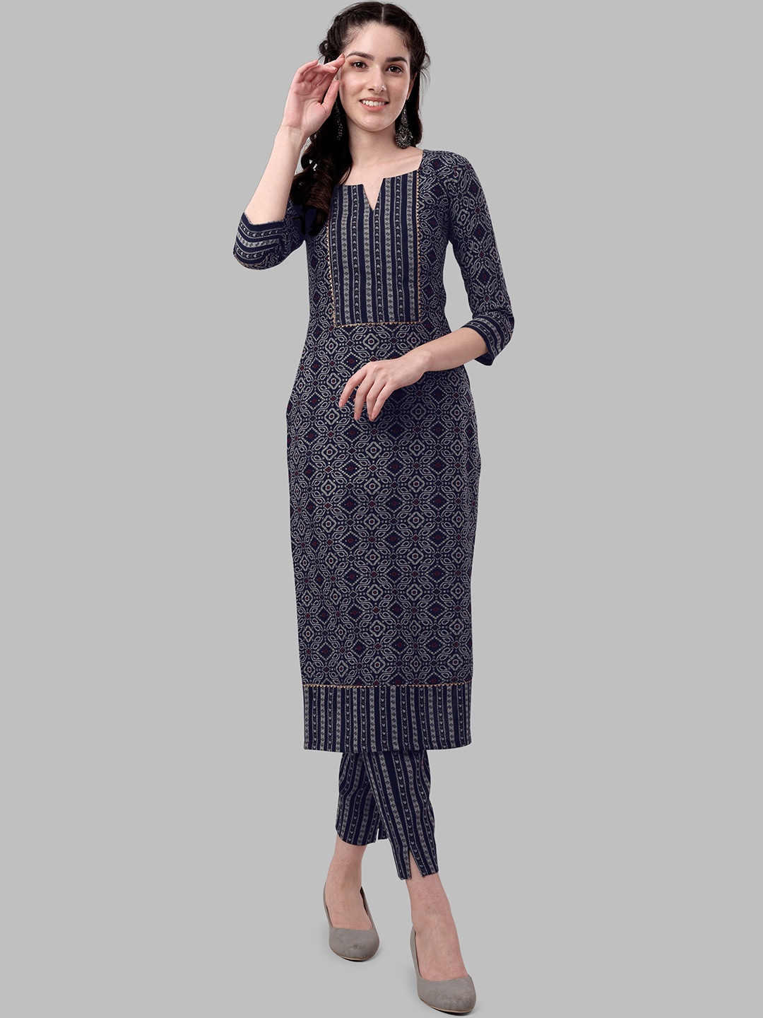 

KALINI Ethnic Motif Printed Regular Gotta Patti Kurta With Trousers, Navy blue