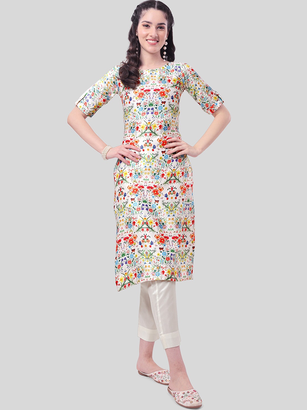 

KALINI Floral Printed Printed Round Neck Straight Kurta with Trousers, Cream