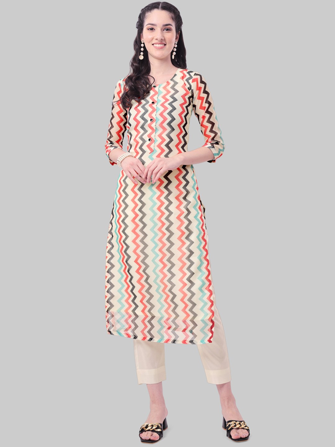 

KALINI Chevron Printed Round Neck Straight Kurta with Trousers, Cream