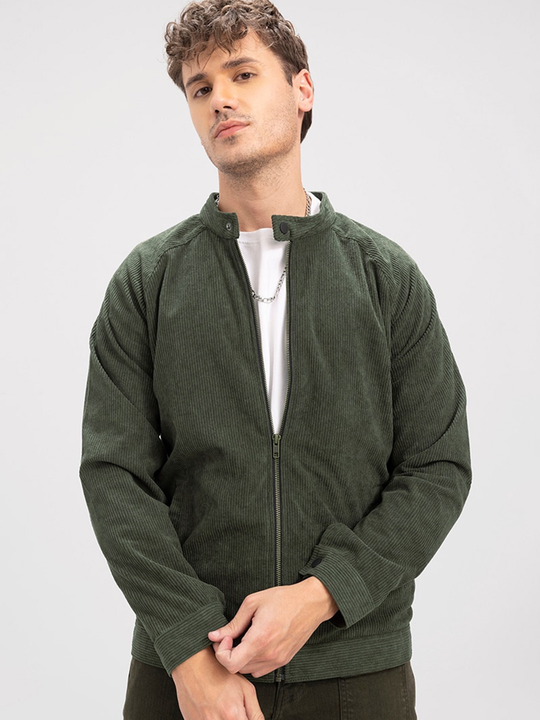 

Snitch Green Cotton Corduroy Bomber Jacket, Olive