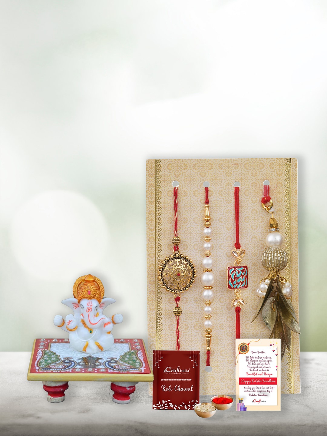 

eCraftIndia Unisex Set of 4 Floral Rakhis With Idol Chowki, Red