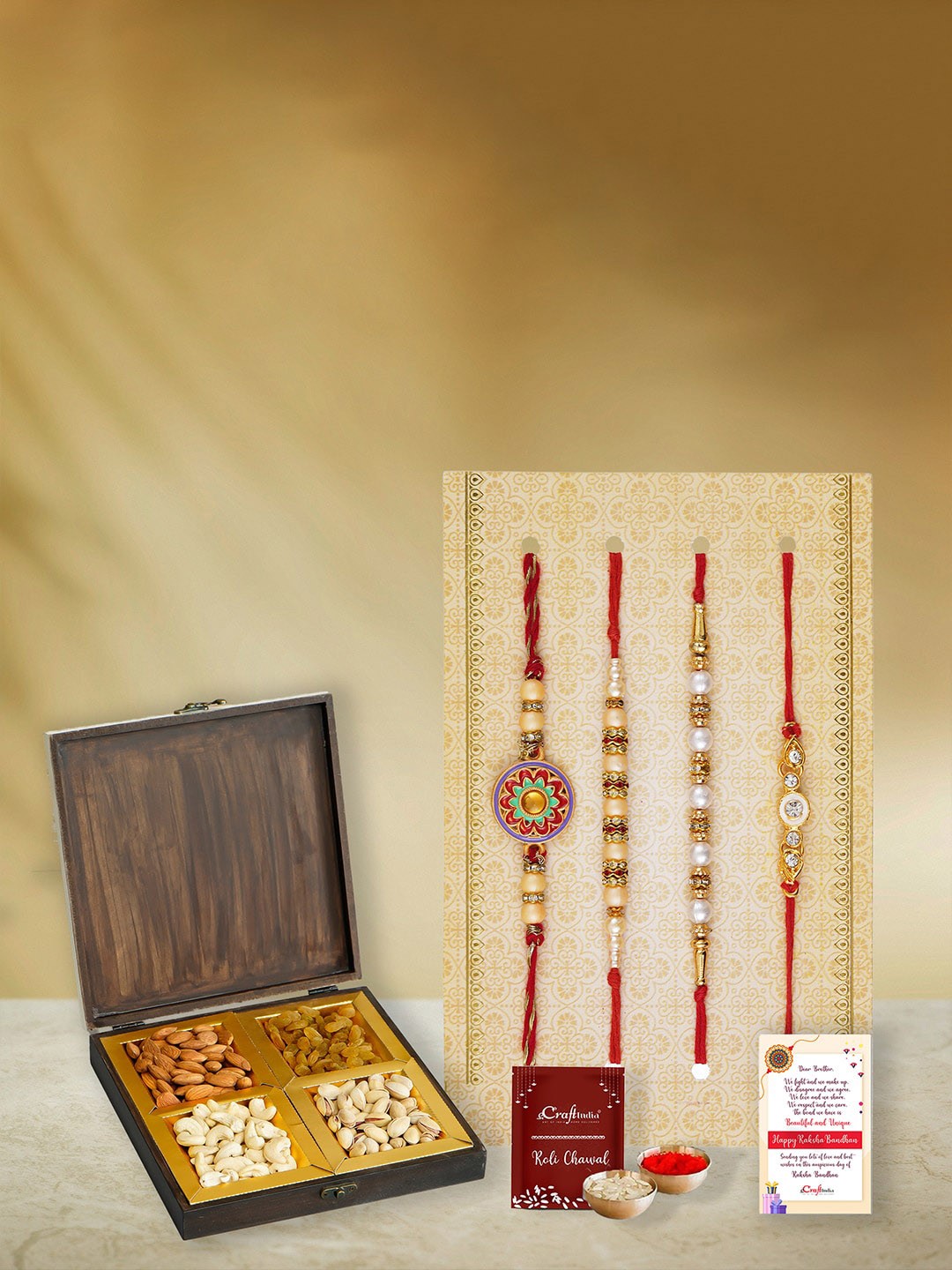

eCraftIndia Unisex Set of 4 Designer Designer Rakhi Gift Set, Gold