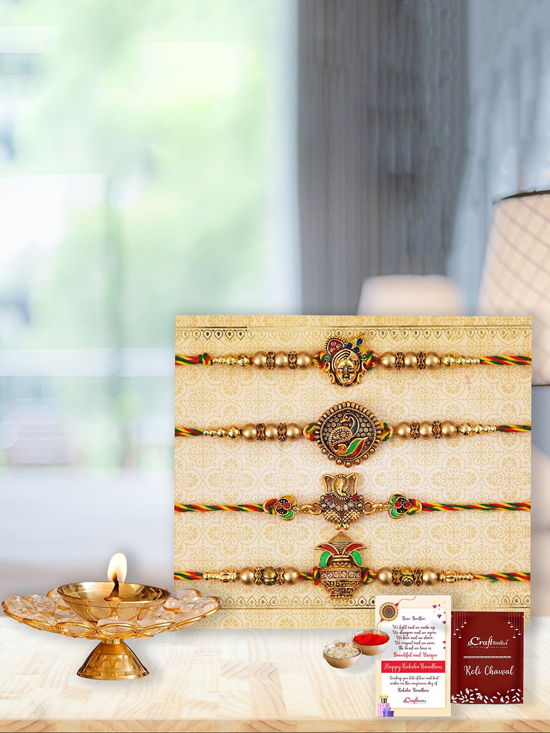 

eCraftIndia Set of 4 Designer Rakhis with Decorative Brass Diya, Gold