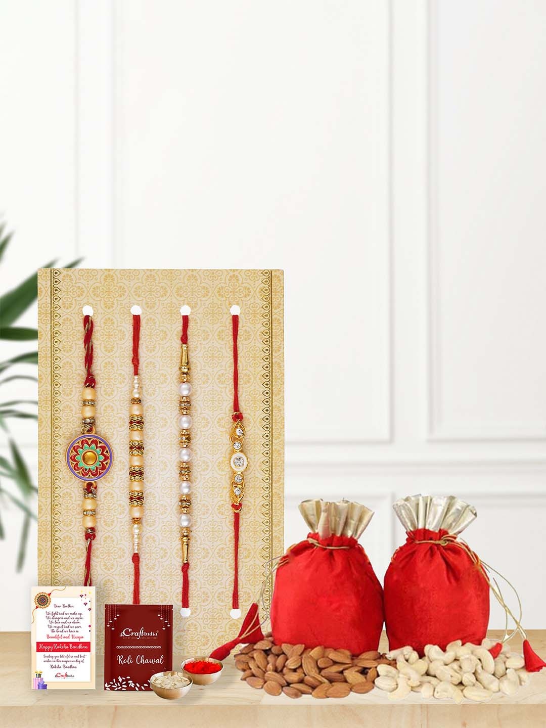 

eCraftIndia Set of 4 Rakhis with Cashew & Almond Dry Fruits Potlis, Red