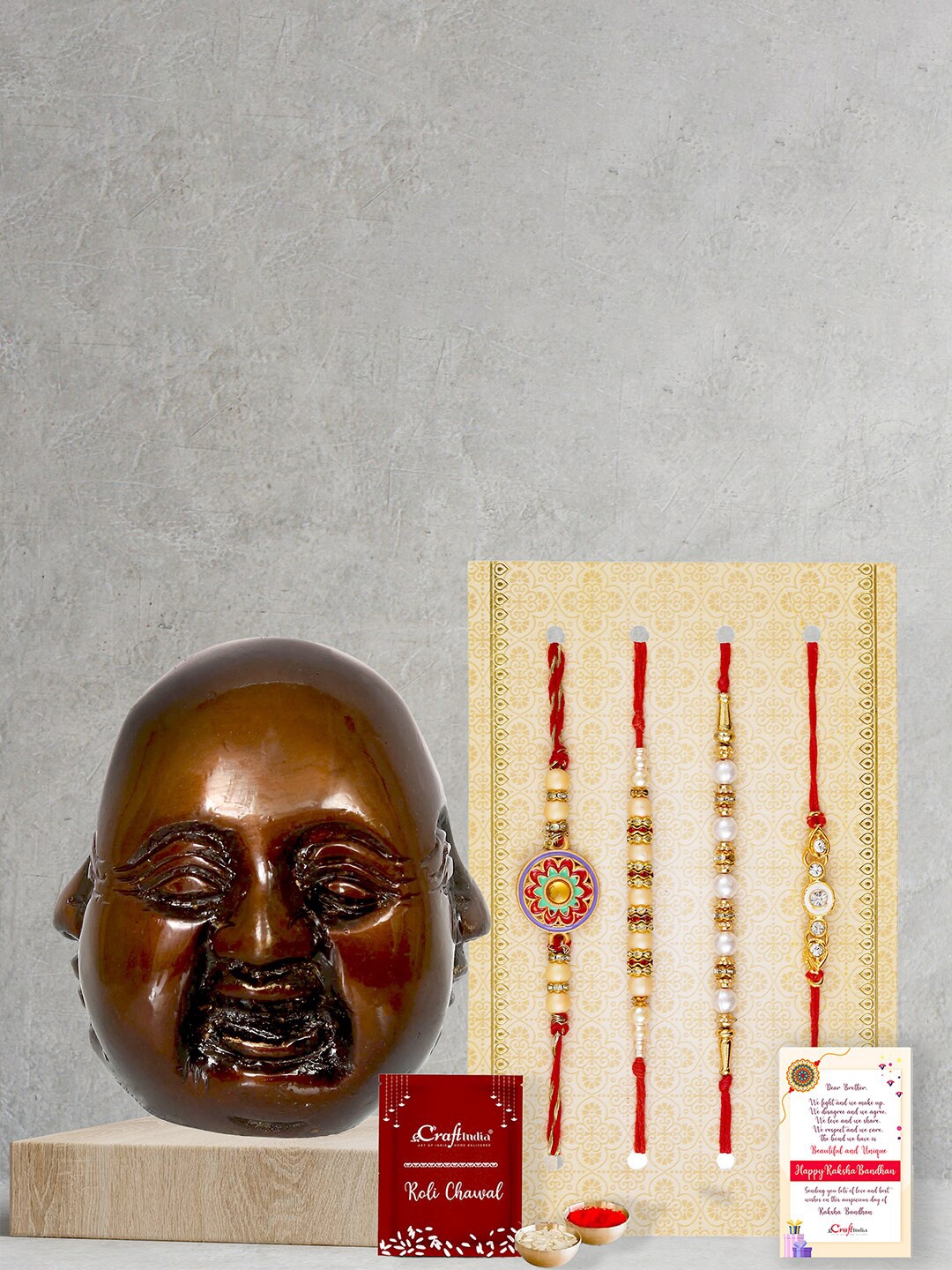 

eCraftIndia Set of 5 Rakhi With Buddha Statue Gift Set, Gold