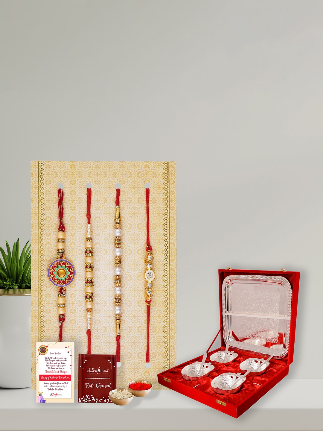 

eCraftIndia Set of 4 Designer Rakhi with Platter Bowl, Multi