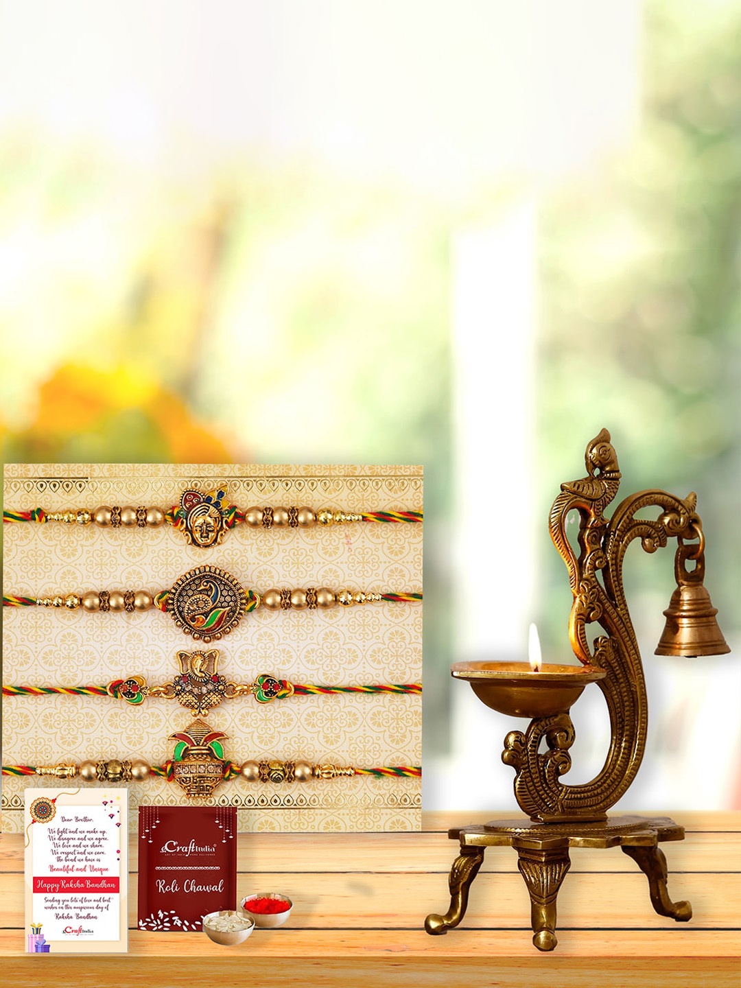 

eCraftIndia Unisex Set Of 4 Designer Rakhi Gift Set, Gold