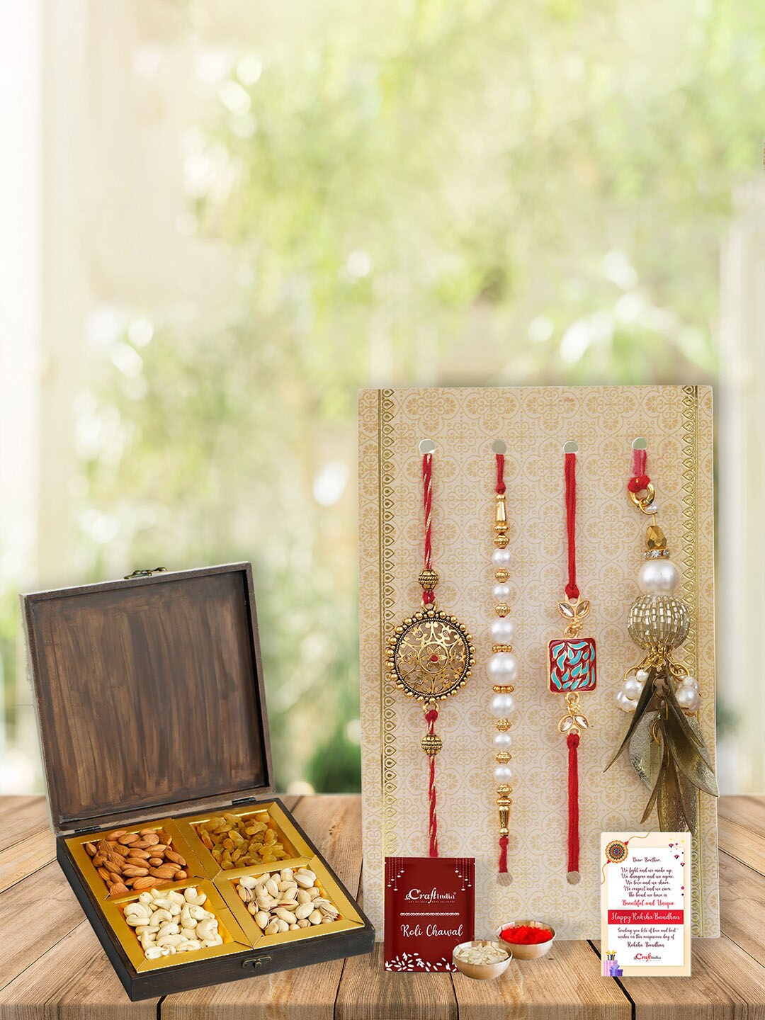 

eCraftIndia Unisex Set of 4 Designer Rakhis with Dry Fruits, Gold