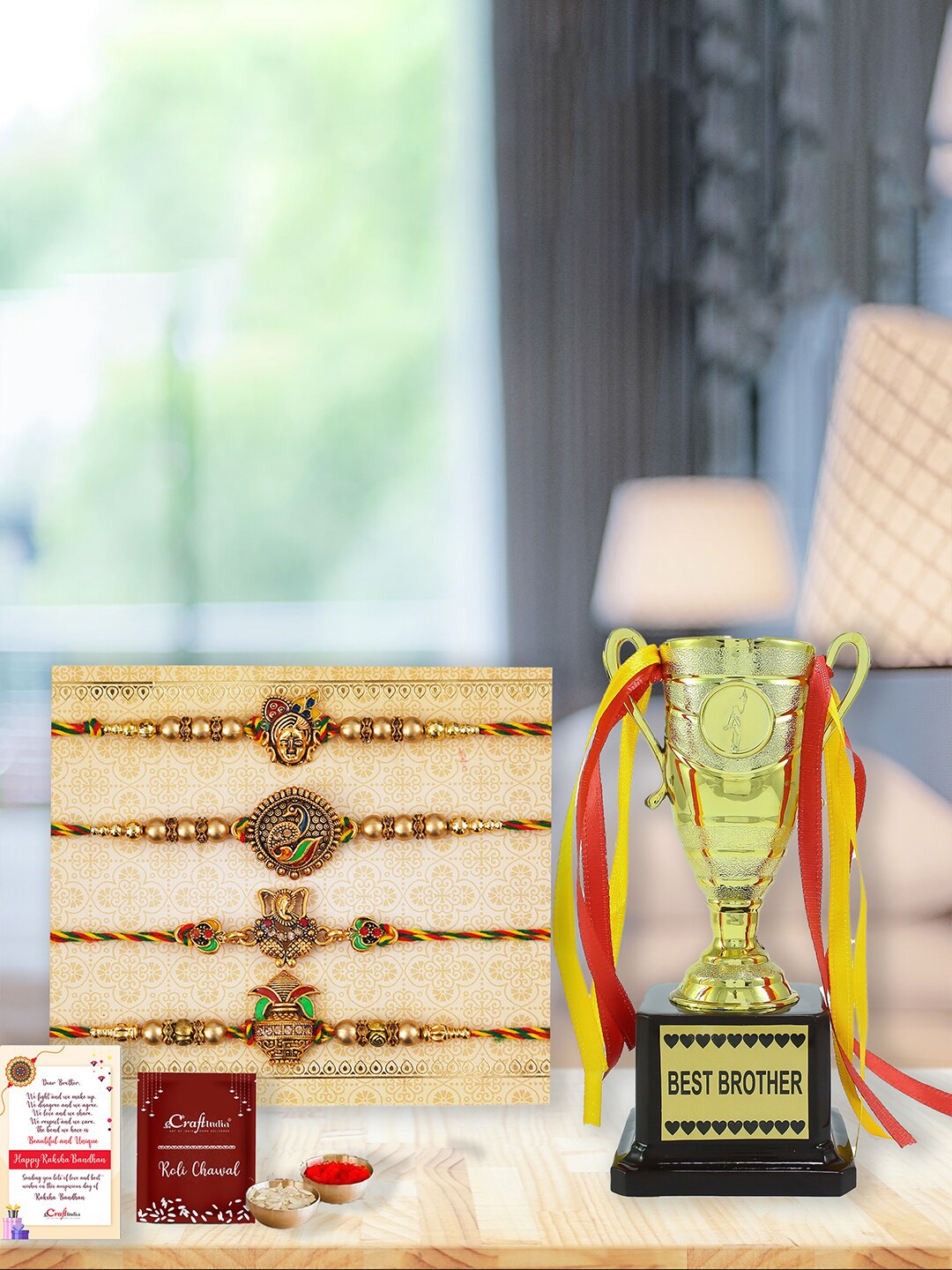 

eCraftIndia Set of 4 Designer Rakhi With Best Brother Trophy, Multi
