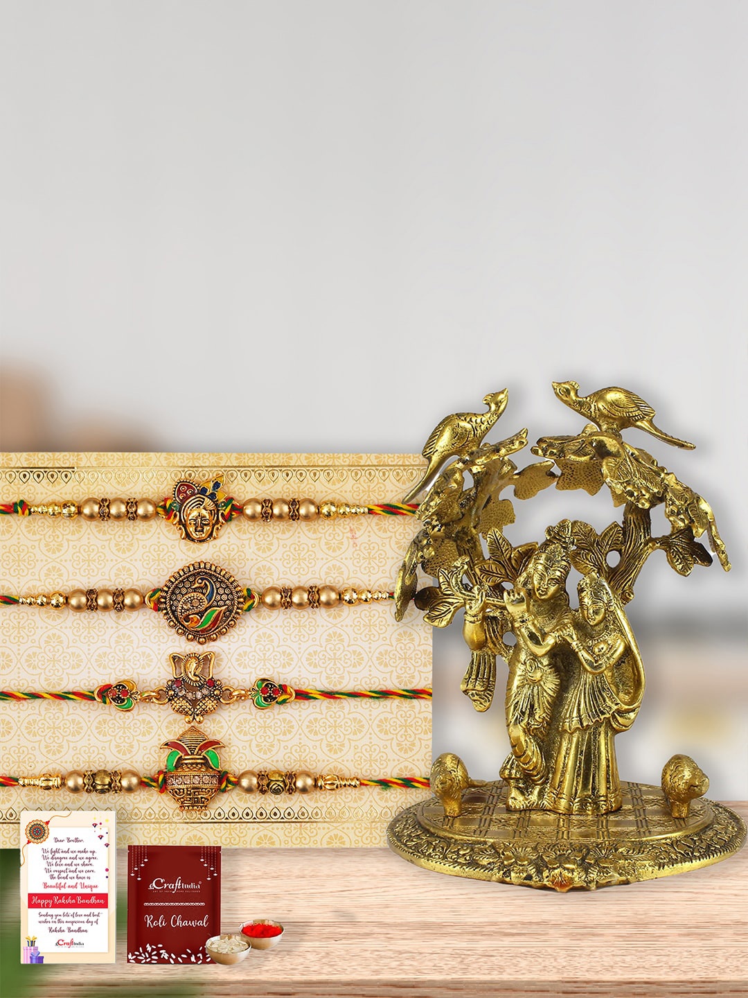 

eCraftIndia Unisex Set Of 4 Designer Rakhi Gift Set, Gold