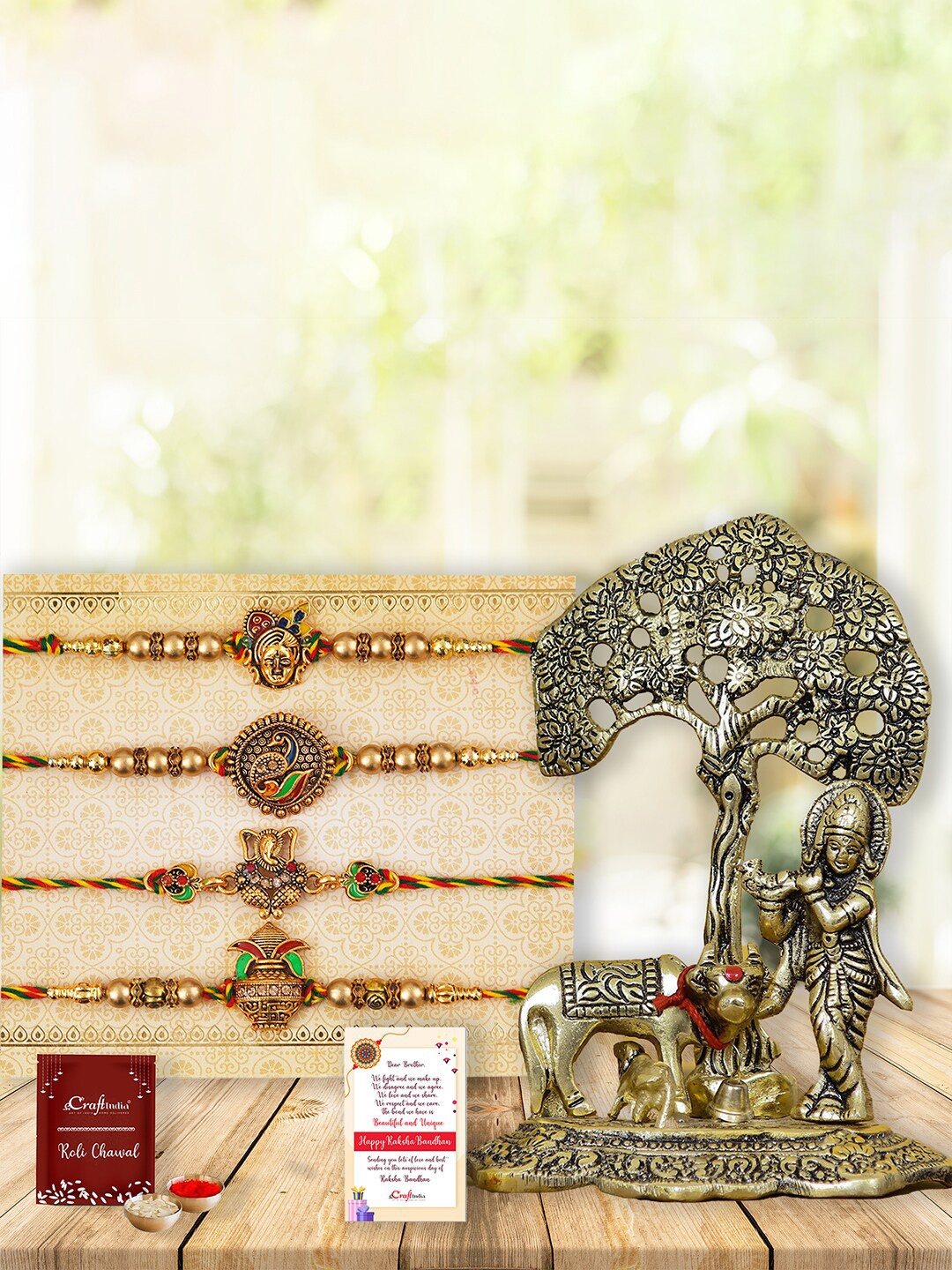 

eCraftIndia Set of 4 Shrinathji Peacock Ganesha Kalash Rakhis with Lord Krishna Statue, Red