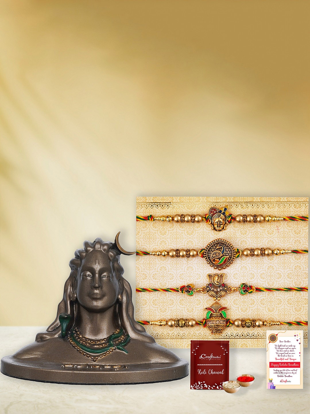 

eCraftIndia Set of 4 Designer Rakhi with Adiyogi Shiva Statue, Gold