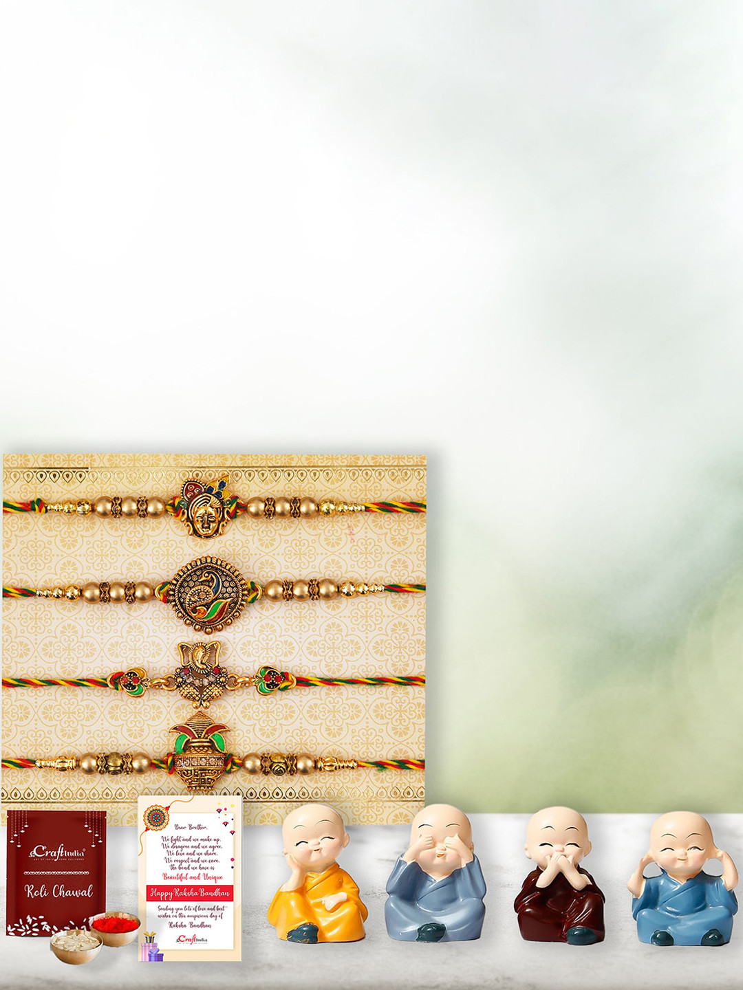 

eCraftIndia Set of 4 Designer Rakhi with Little Monk Buddha Idol, Multi