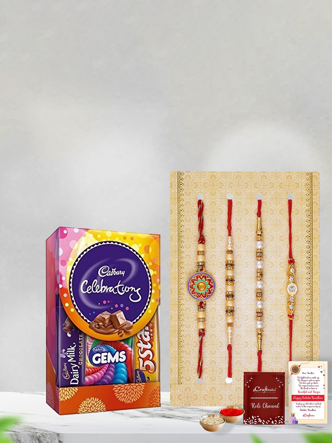 

eCraftIndia Set of 4 Designer Rakhi With Cadbury Celebrations, Red