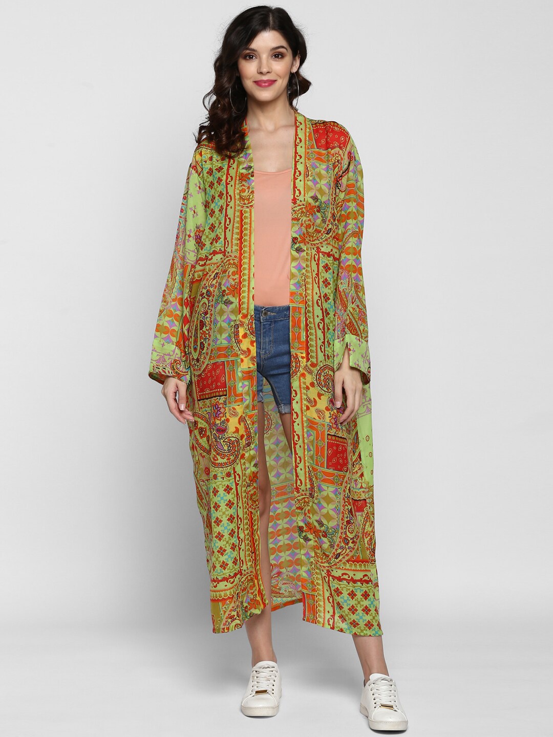 

Aditi Wasan Ethnic Motifs Printed Cotton Longline Shrug, Green