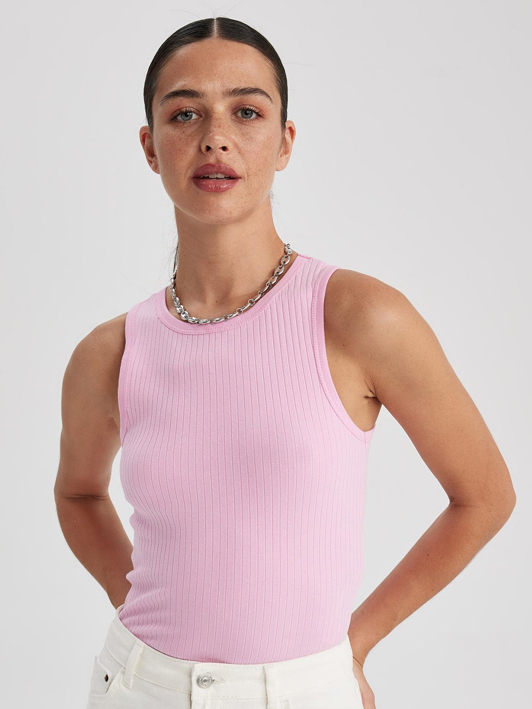 

DeFacto Round Neck Fitted Cotton Top, Pink