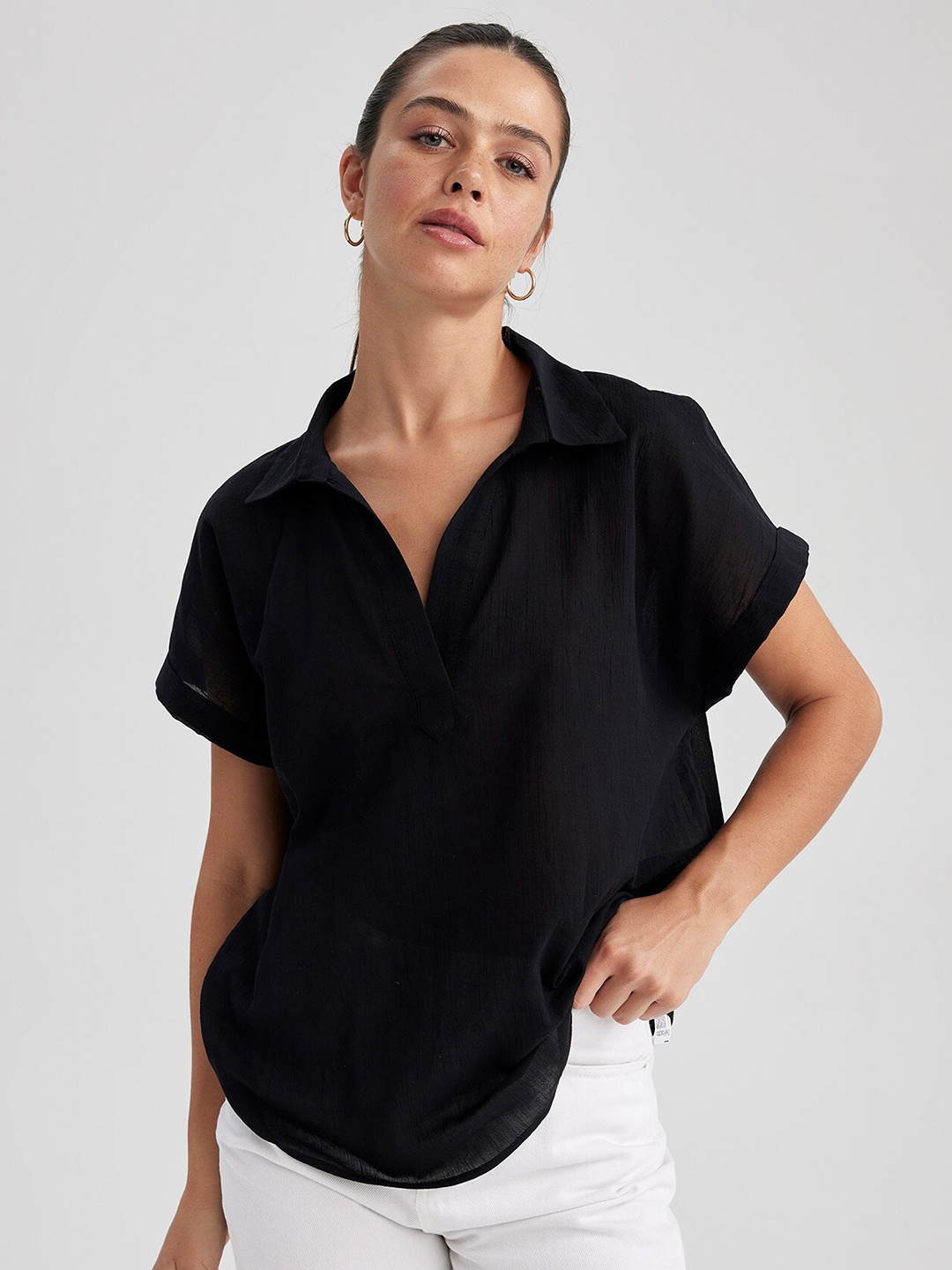 

DeFacto Shirt Collar Cotton Shirt Style Top, Black