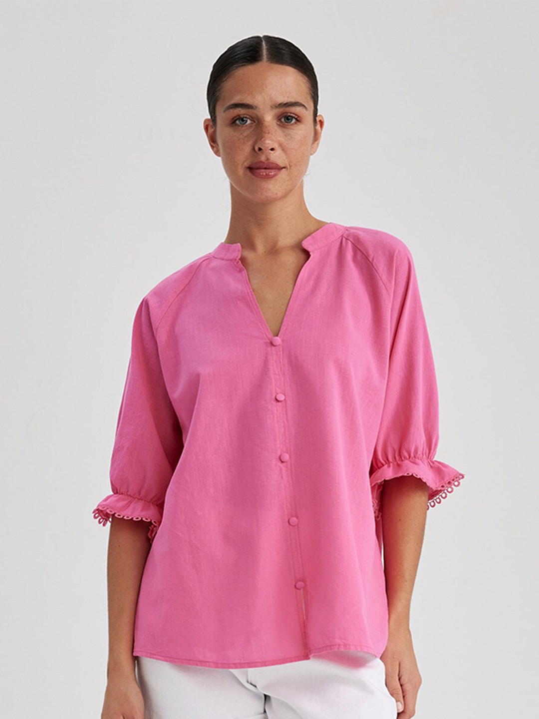 

DeFacto Mandarin Collar Puff Sleeves Pure Cotton Shirt Style Top, Pink