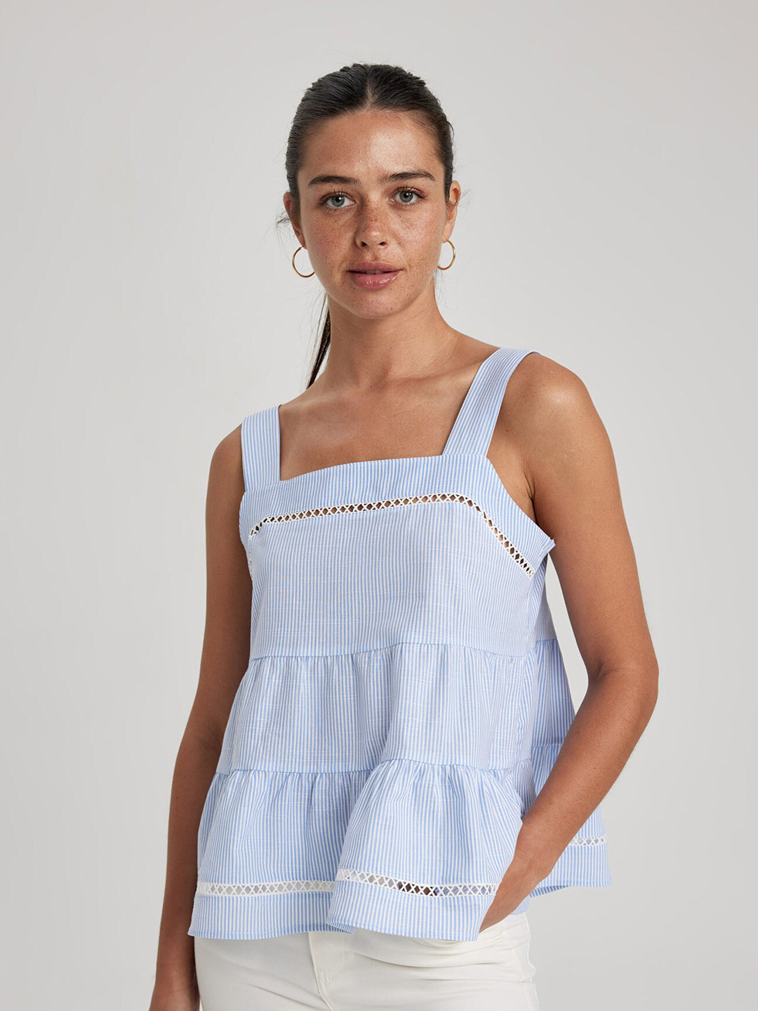 

DeFacto Striped Square Neck Cut-Out Detail Pure Cotton Tiered Top, Blue