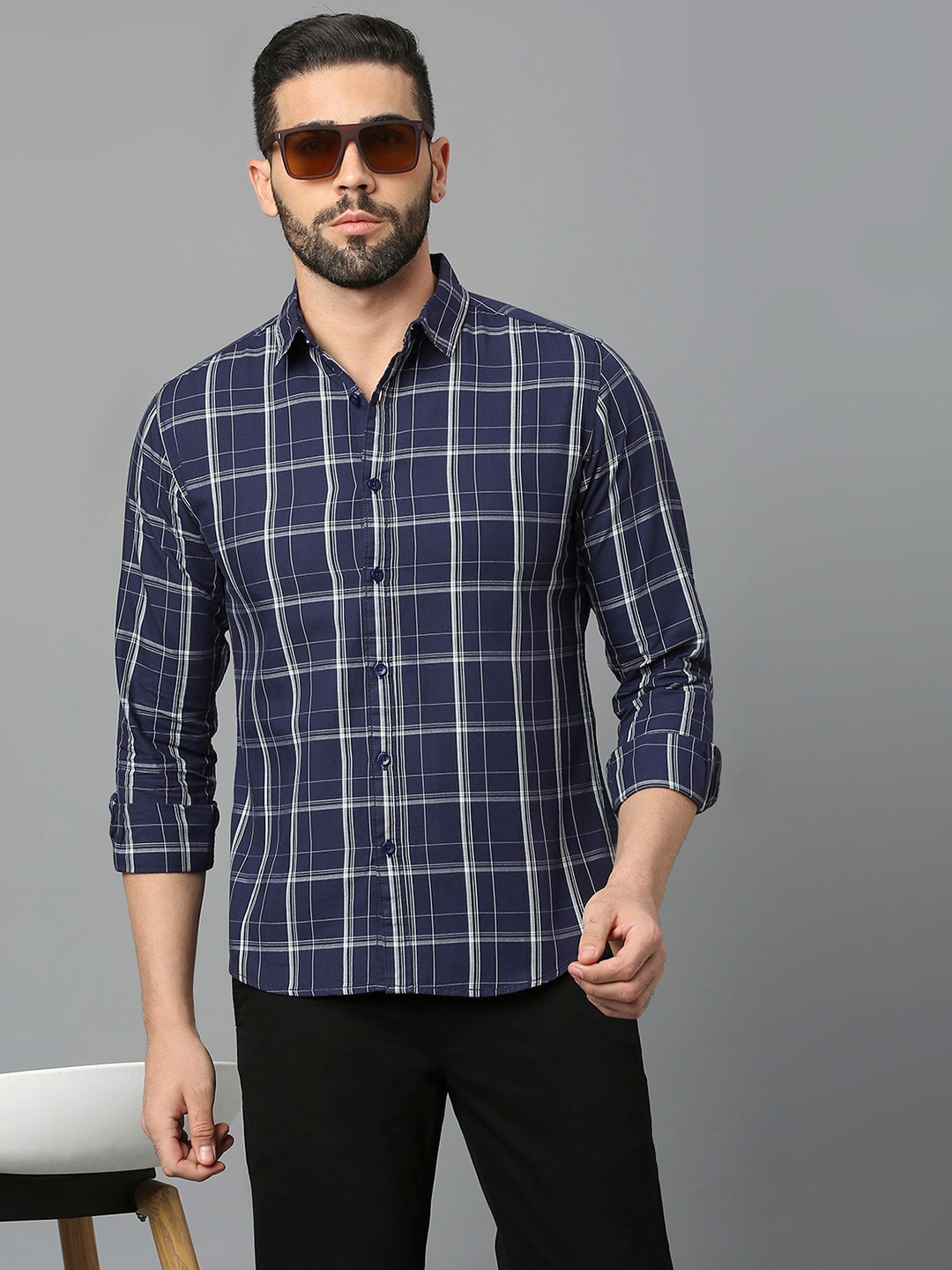 

Harvard Navy Blue Classic Slim Fit Tartan Checks Opaque Pure Cotton Casual Shirt
