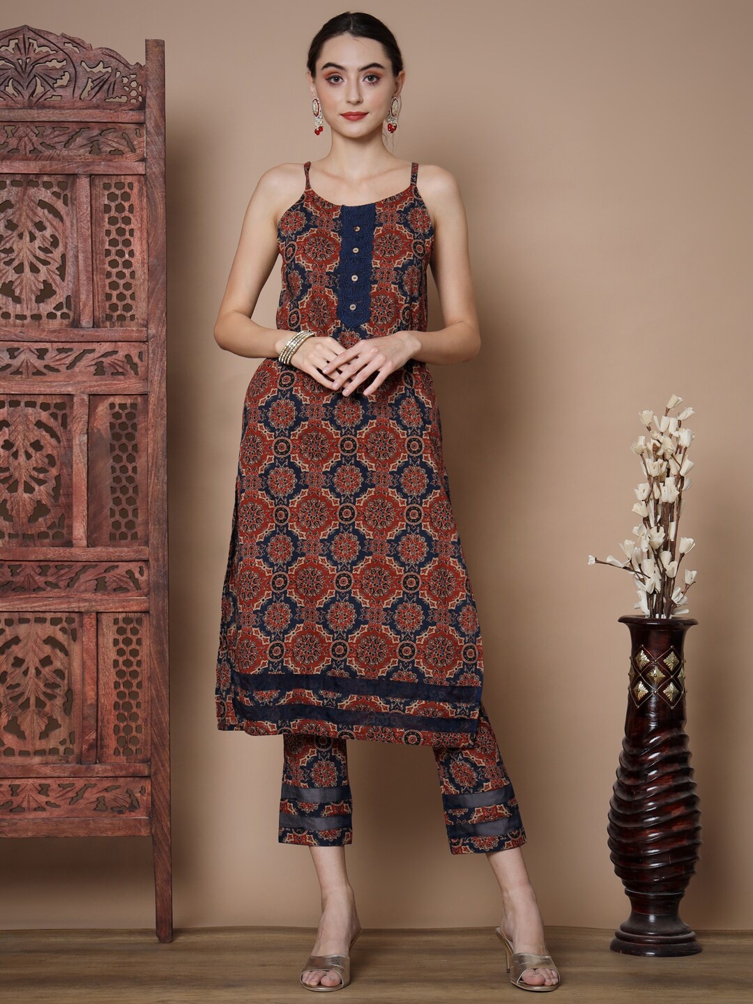 

Myshka Ethnic Motifs Printed Straight Pure Cotton Kurta with Trousers & With Dupatta, Blue