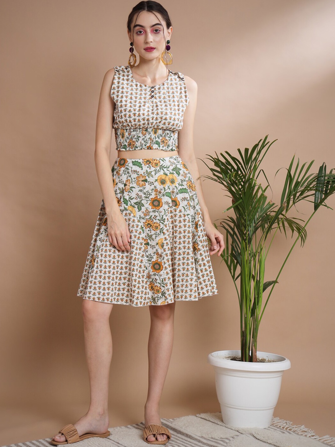 

Myshka Floral Printed Pure Cotton Top With Mid-Length Flared Skirt, Beige