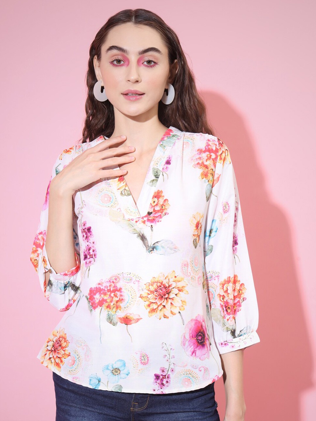 

Myshka Floral Printed V-Neck Top, White
